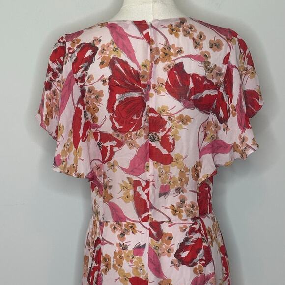 Parker Viva Pink Floral Silk Flutter Sleeve Midi Dress Womens Size 6 - Picture 5 of 9
